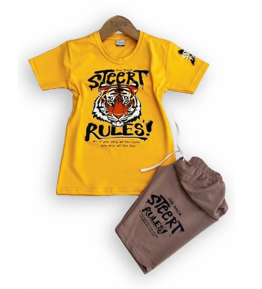 Triliya-Erkek Çocuk Kaplan Baskılı Likralı Tişört & Kapri Takımı - Modern ve Şık - 10