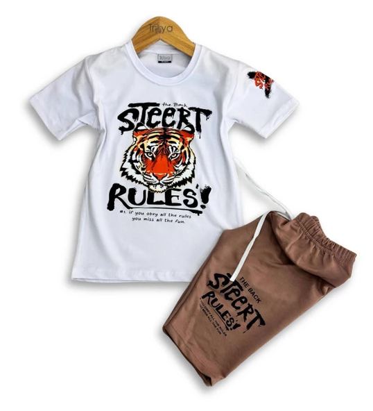 Triliya-Erkek Çocuk Kaplan Baskılı Likralı Tişört & Kapri Takımı - Modern ve Şık - 7