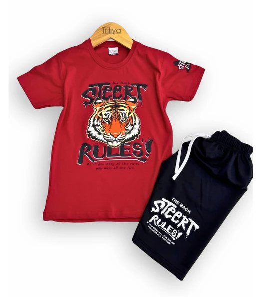 Triliya-Erkek Çocuk Kaplan Baskılı Likralı Tişört & Kapri Takımı - Modern ve Şık - 4