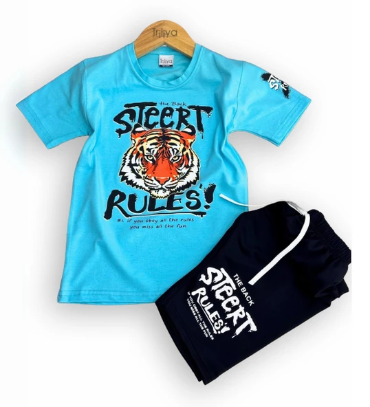 Triliya-Erkek Çocuk Kaplan Baskılı Likralı Tişört & Kapri Takımı - Modern ve Şık - 9