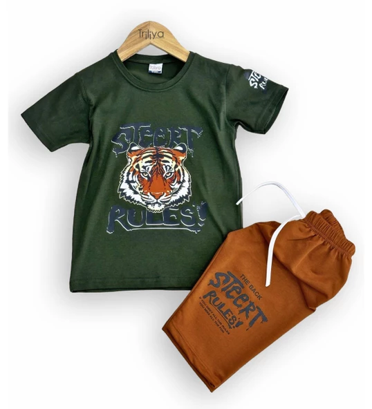 Triliya-Erkek Çocuk Kaplan Baskılı Likralı Tişört & Kapri Takımı - Modern ve Şık - 6