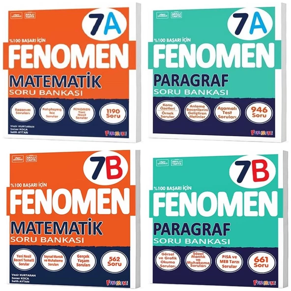 Fenomen Okul 2025 7. Sınıf Matematik + Paragraf A + B Serisi Soru Seti 4 Kitap
