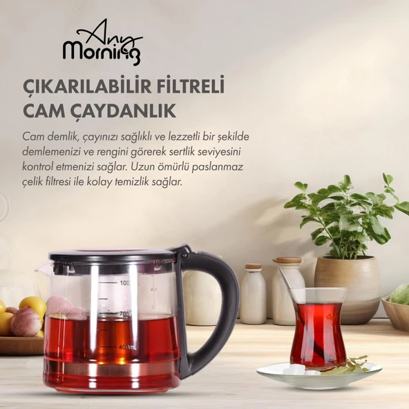 Any Morning DE23203SX Cam Demlikli Çelik Su Isıtıcılı Çay Makinesi - 7