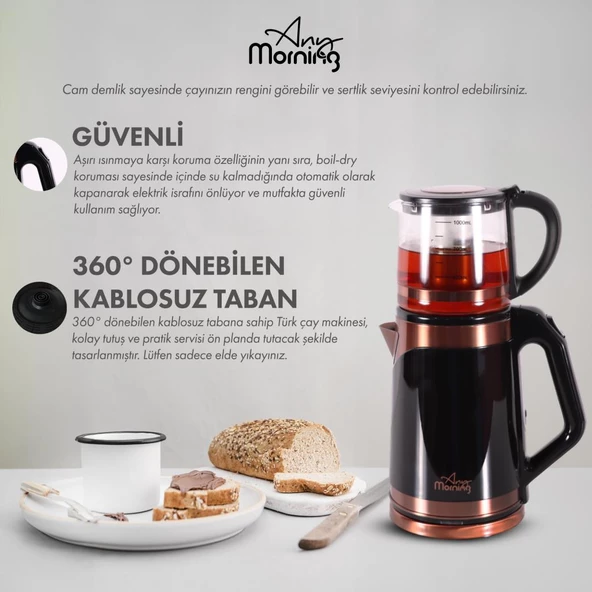 Any Morning DE23203SX Cam Demlikli Çelik Su Isıtıcılı Çay Makinesi - 6
