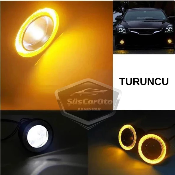 Renault Fluence 2009-2016 Uyumlu Üniversal Mercekli Angel Sis Farı Metal Su Geçirmez 76 mm Turuncu Halkalı Gündüz Farı Angel Eyes 2 Adet - 2