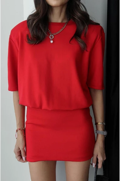 Kısa Kol Vatkalı Penye Elbise - 9