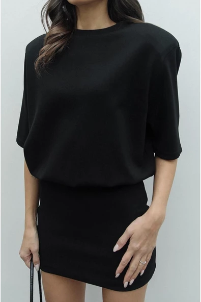 Kısa Kol Vatkalı Penye Elbise - 4