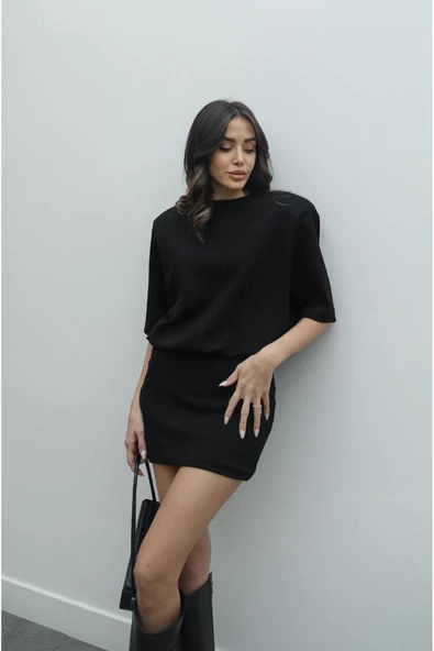 Kısa Kol Vatkalı Penye Elbise - 2