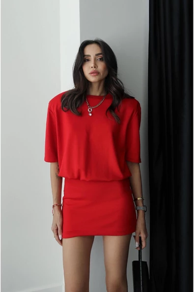 Kısa Kol Vatkalı Penye Elbise - 7