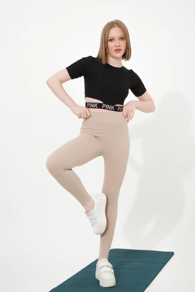 Fitilli Tayt Yüksek Bel Dikişsiz Dayanıklı Örme Kumaş ŞARDONLU KIŞLIK FİTİLLİ-TAYT - 4