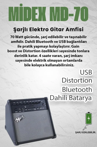 Midex MD-70 Dijital Davul Elektronik Bateri Amfisi Şarjlı 70W Bluetooth USB Aux - Resim 2