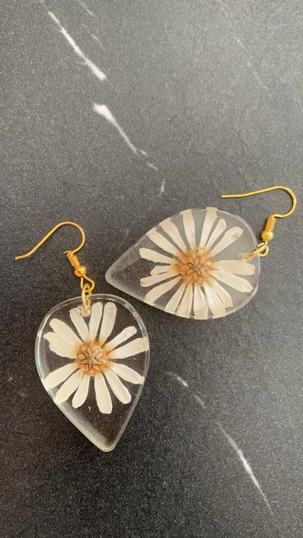 Damla Şekil Şeffaf Renkli Kurutulmuş Gerçek Beyaz Papatya Süslü Gold Aksesuar Küpe El Yapımı Epoksi - Resim 6