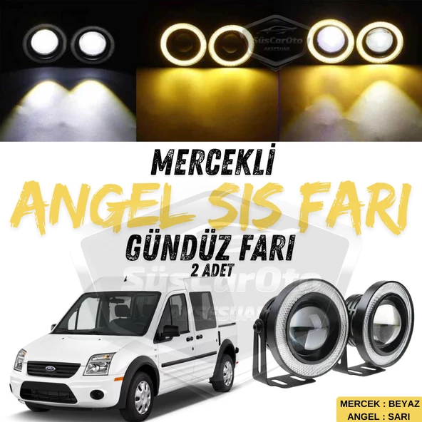 Ford Transit Connect 2002-2013 Uyumlu Üniversal Mercekli Angel Sis Farı Metal Su Geçirmez 76 mm Sarı Halkalı Gündüz Farı Angel Eyes 2 Adet