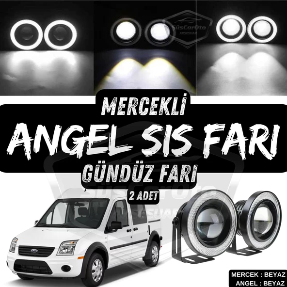 Ford Transit Connect 2002-2013 Uyumlu Üniversal Mercekli Angel Sis Farı Metal Su Geçirmez 76 mm Beyaz Halkalı Gündüz Farı Angel Eyes 2 Adet ürün görseli