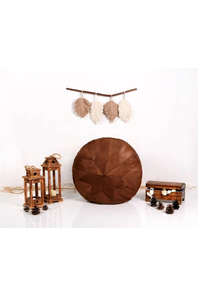 - El Yapımı Hakiki Deri Orijinal Bohem Ottoman Puf Minder 60cm - Resim 4