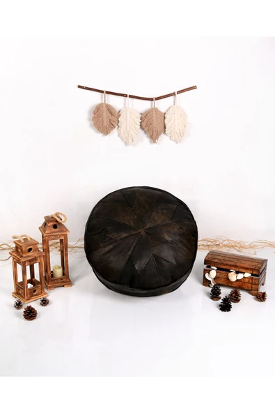 - El Yapımı  Deri Orijinal Bohem Ottoman Puf Minder 60cm - Resim 4