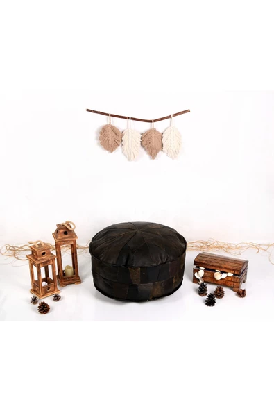 - El Yapımı  Deri Orijinal Bohem Ottoman Puf Minder 60cm - Resim 5