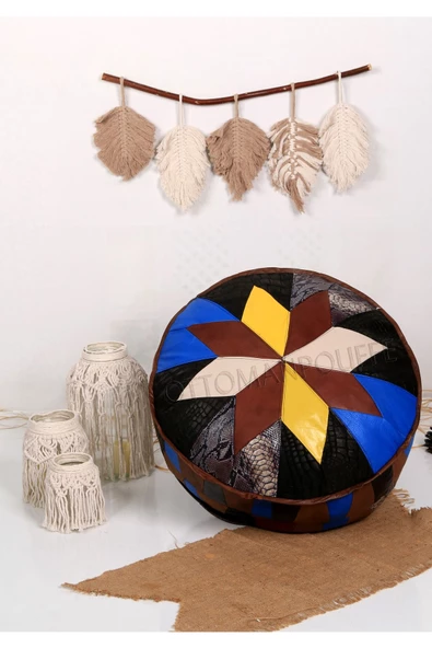 Şok Fiyat Açılışa Özel %50 Off! Art Deco El Yapımı Hakiki Deri Orijinal Bohem Ottoman Puf Minder60cm - 3