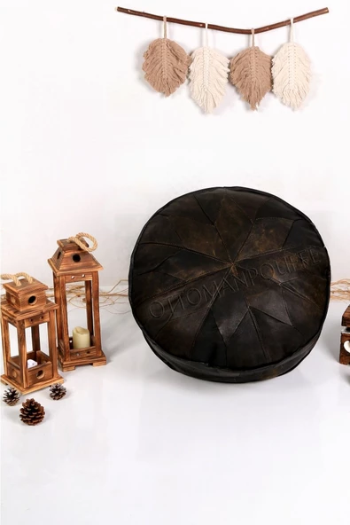 - El Yapımı  Deri Orijinal Bohem Ottoman Puf Minder 60cm