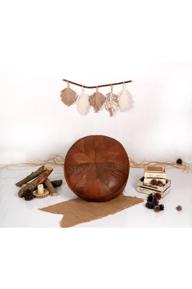Şok Fiyat ! El Yapımı Hakiki Deri Vintage / Bohem /art Deco Puf Yer Minder 60cm Dolgusuz - 7