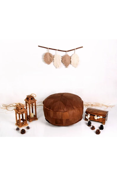 - El Yapımı Hakiki Deri Orijinal Bohem Ottoman Puf Minder 60cm - Resim 3