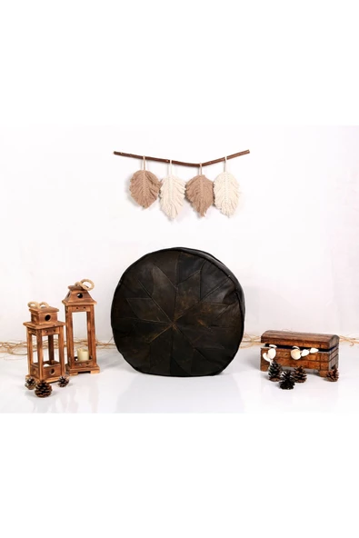 - El Yapımı  Deri Orijinal Bohem Ottoman Puf Minder 60cm - Resim 2