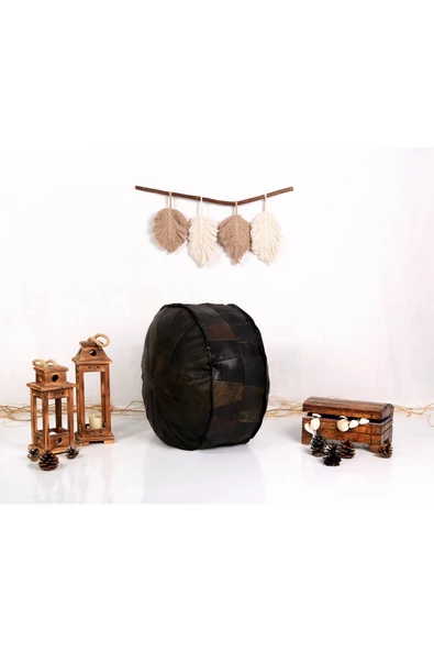 - El Yapımı  Deri Orijinal Bohem Ottoman Puf Minder 60cm - Resim 3