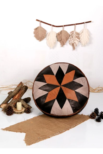 Dolgulu! Art Deco Iskandinav El Yapımı Hakiki Deri Orijinal Bohem Ottoman Puf Yer Minderi 60x30cm - Resim 4