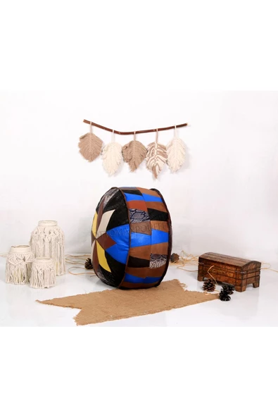 Şok Fiyat Açılışa Özel %50 Off! Art Deco El Yapımı Hakiki Deri Orijinal Bohem Ottoman Puf Minder60cm - 2