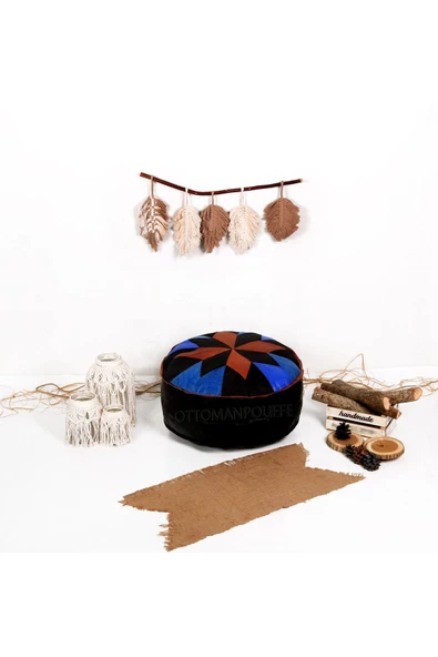 Dolgulu! Art Deco Iskandinav El Yapımı Hakiki Deri Orijinal Bohem Ottoman Puf Yer Minderi 60x30cm - Resim 3