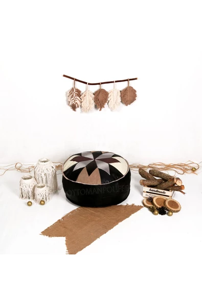 Şok Fiyat Açılışa Özel %50 Off! Art Deco El Yapımı Hakiki Deri Orijinal Bohem Ottoman Puf Minder60cm - Resim 3