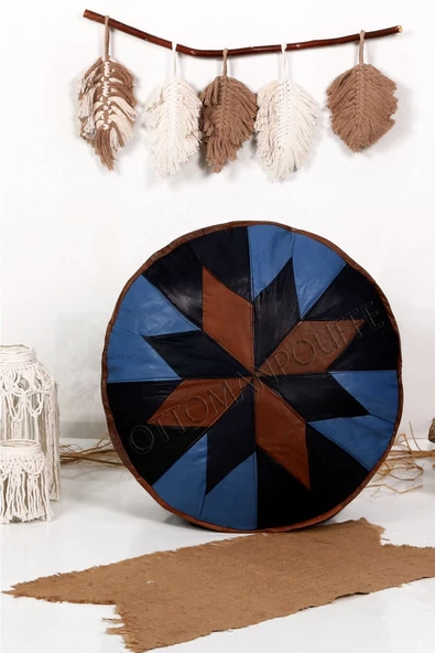 Dolgulu! Art Deco Iskandinav El Yapımı Hakiki Deri Orijinal Bohem Ottoman Puf Yer Minderi 60x30cm ürün görseli 1