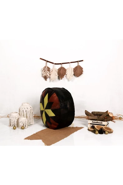 Şok Fiyat Açılışa Özel %50 Off! Art Deco El Yapımı Hakiki Deri Orijinal Bohem Ottoman Puf Minder60cm - Resim 2