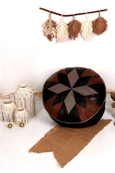 Şok Fiyat Açılışa Özel %50 Off! Art Deco El Yapımı Hakiki Deri Orijinal Bohem Ottoman Puf Minder60cm