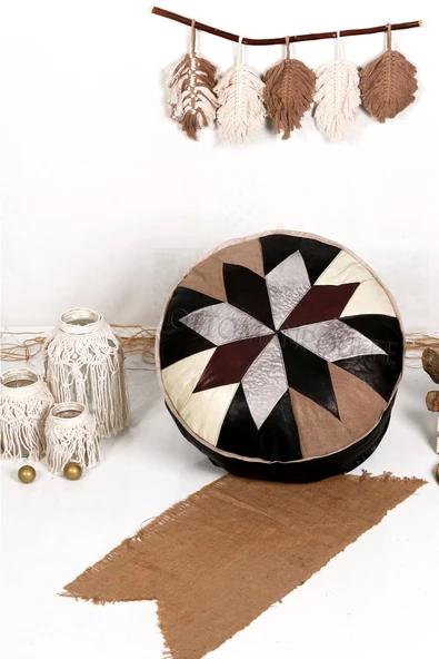 Şok Fiyat Açılışa Özel %50 Off! Art Deco El Yapımı Hakiki Deri Orijinal Bohem Ottoman Puf Minder60cm ürün görseli 1