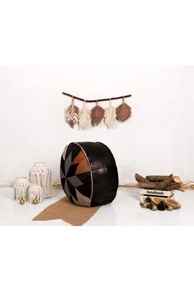 Şok Fiyat Açılışa Özel %50 Off! Art Deco El Yapımı Hakiki Deri Orijinal Bohem Ottoman Puf Minder60cm - Resim 2