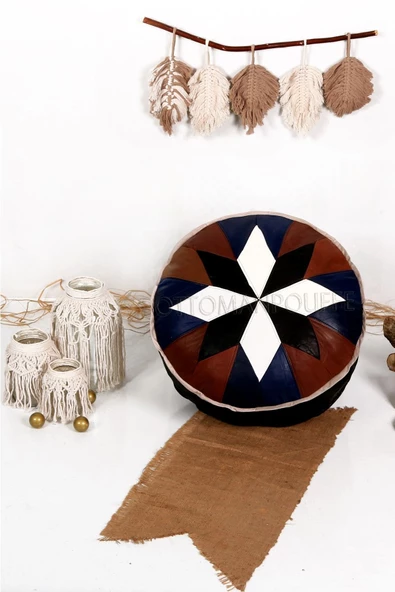 Şok Fiyat Açılışa Özel %50 Off! Art Deco El Yapımı Hakiki Deri Orijinal Bohem Ottoman Puf Minder60cm ürün görseli