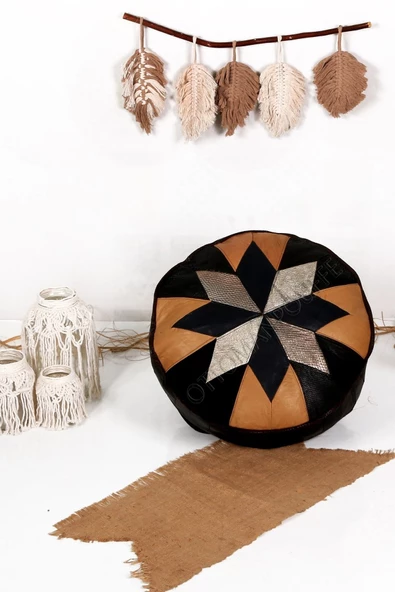Şok Fiyat Açılışa Özel %50 Off! Art Deco El Yapımı Hakiki Deri Orijinal Bohem Ottoman Puf Minder60cm