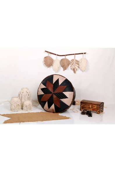 Dolgulu! Art Deco Iskandinav El Yapımı Hakiki Deri Orijinal Bohem Ottoman Puf Yer Minderi 60x30cm - 3