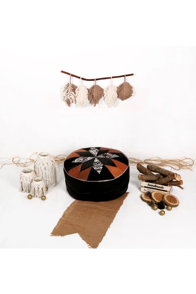 Şok Fiyat Açılışa Özel %50 Off! Art Deco El Yapımı Hakiki Deri Orijinal Bohem Ottoman Puf Minder60cm - Resim 3