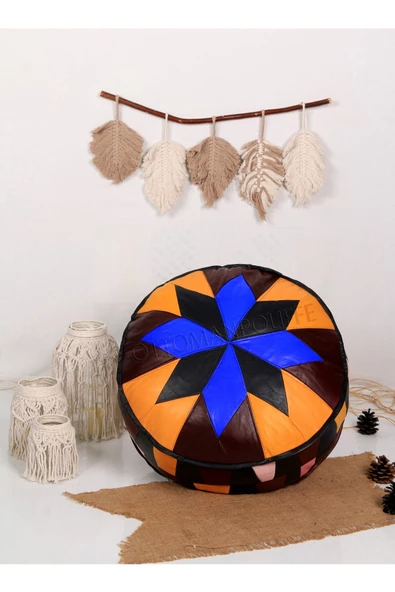 Dolgulu! Art Deco Iskandinav El Yapımı Hakiki Deri Orijinal Bohem Ottoman Puf Yer Minderi 60x30cm - Resim 3