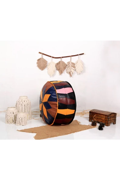 Dolgulu! Art Deco Iskandinav El Yapımı Hakiki Deri Orijinal Bohem Ottoman Puf Yer Minderi 60x30cm - Resim 3