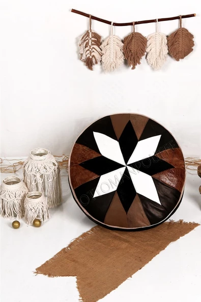 Dolgulu! Art Deco Iskandinav El Yapımı Hakiki Deri Orijinal Bohem Ottoman Puf Yer Minderi 60x30cm ürün görseli 1