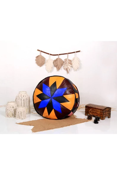 Dolgulu! Art Deco Iskandinav El Yapımı Hakiki Deri Orijinal Bohem Ottoman Puf Yer Minderi 60x30cm - Resim 4