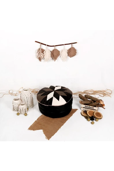 Şok Fiyat Açılışa Özel %50 Off! Art Deco El Yapımı Hakiki Deri Orijinal Bohem Ottoman Puf Minder60cm - Resim 2