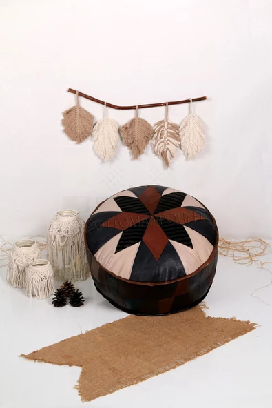 Dolgulu! Art Deco Iskandinav El Yapımı Hakiki Deri Orijinal Bohem Ottoman Puf Yer Minderi 60x30cm - 4