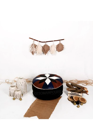 Şok Fiyat Açılışa Özel %50 Off! Art Deco El Yapımı Hakiki Deri Orijinal Bohem Ottoman Puf Minder60cm - Resim 3