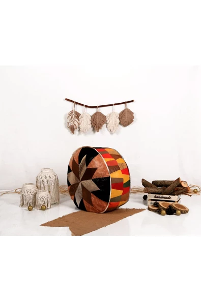 Şok Fiyat Açılışa Özel %50 Off! Art Deco El Yapımı Hakiki Deri Orijinal Bohem Ottoman Puf Minder60cm - 3