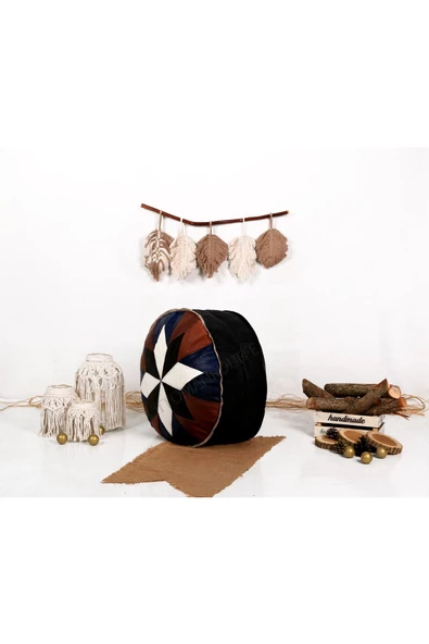 Şok Fiyat Açılışa Özel %50 Off! Art Deco El Yapımı Hakiki Deri Orijinal Bohem Ottoman Puf Minder60cm - Resim 2