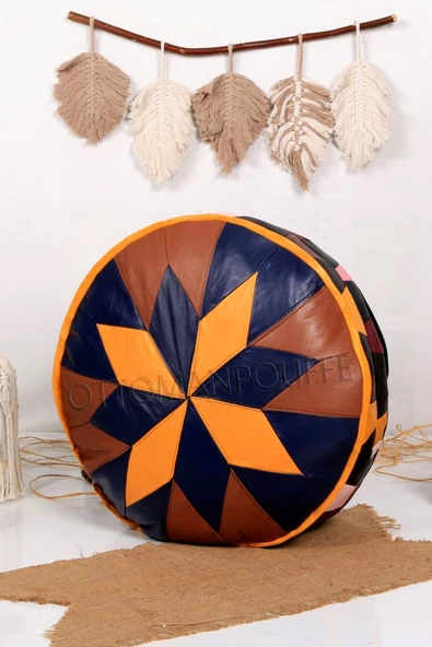 Dolgulu! Art Deco Iskandinav El Yapımı Hakiki Deri Orijinal Bohem Ottoman Puf Yer Minderi 60x30cm ürün görseli 1